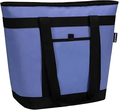 Reusable grocery bag side view showing insulated compartment and zipper closure