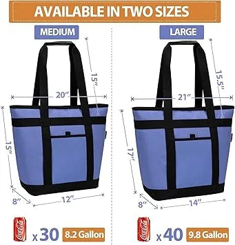 Insulated cooler bag displayed next to water bottle for size reference