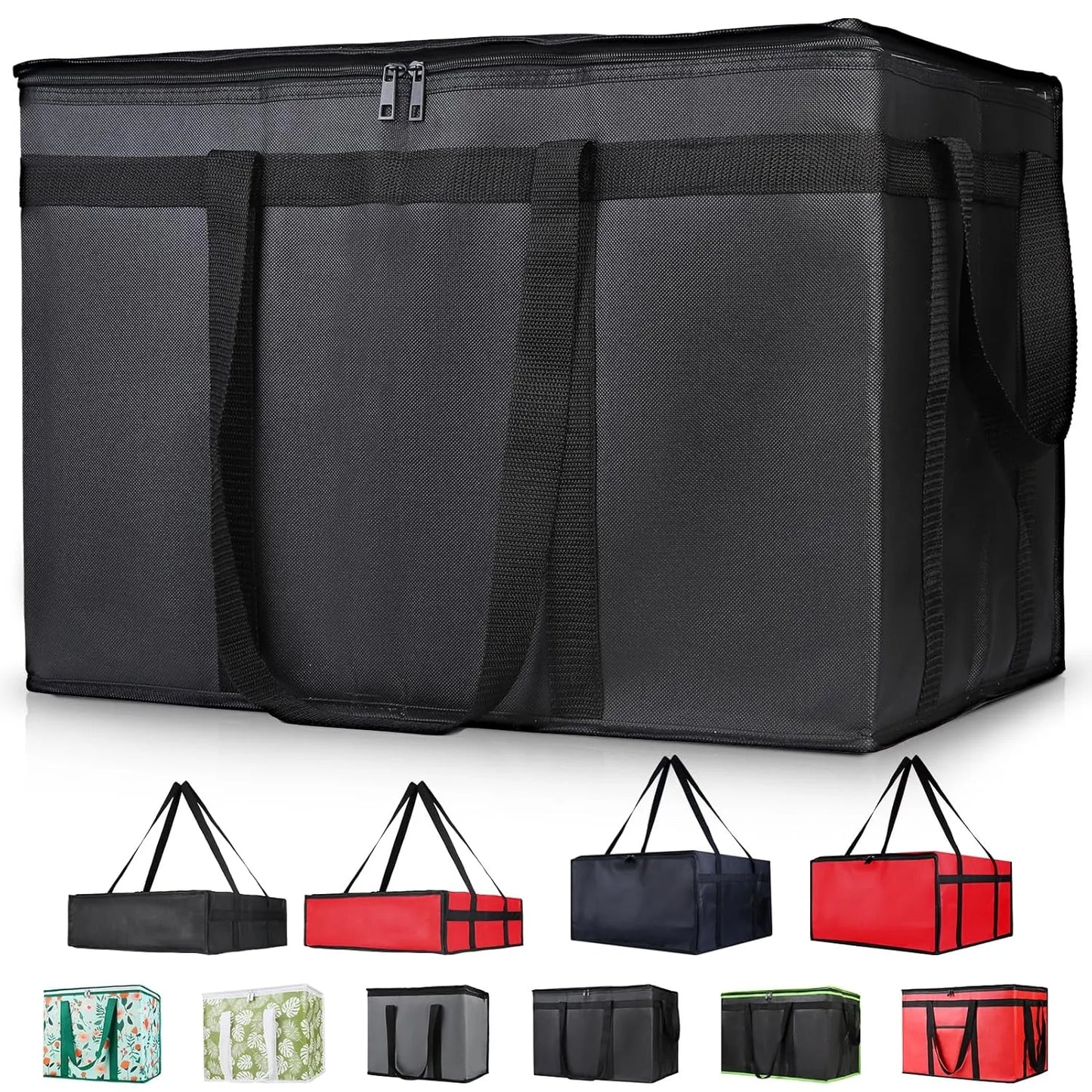 Black insulated reusable grocery cooler bag front view display