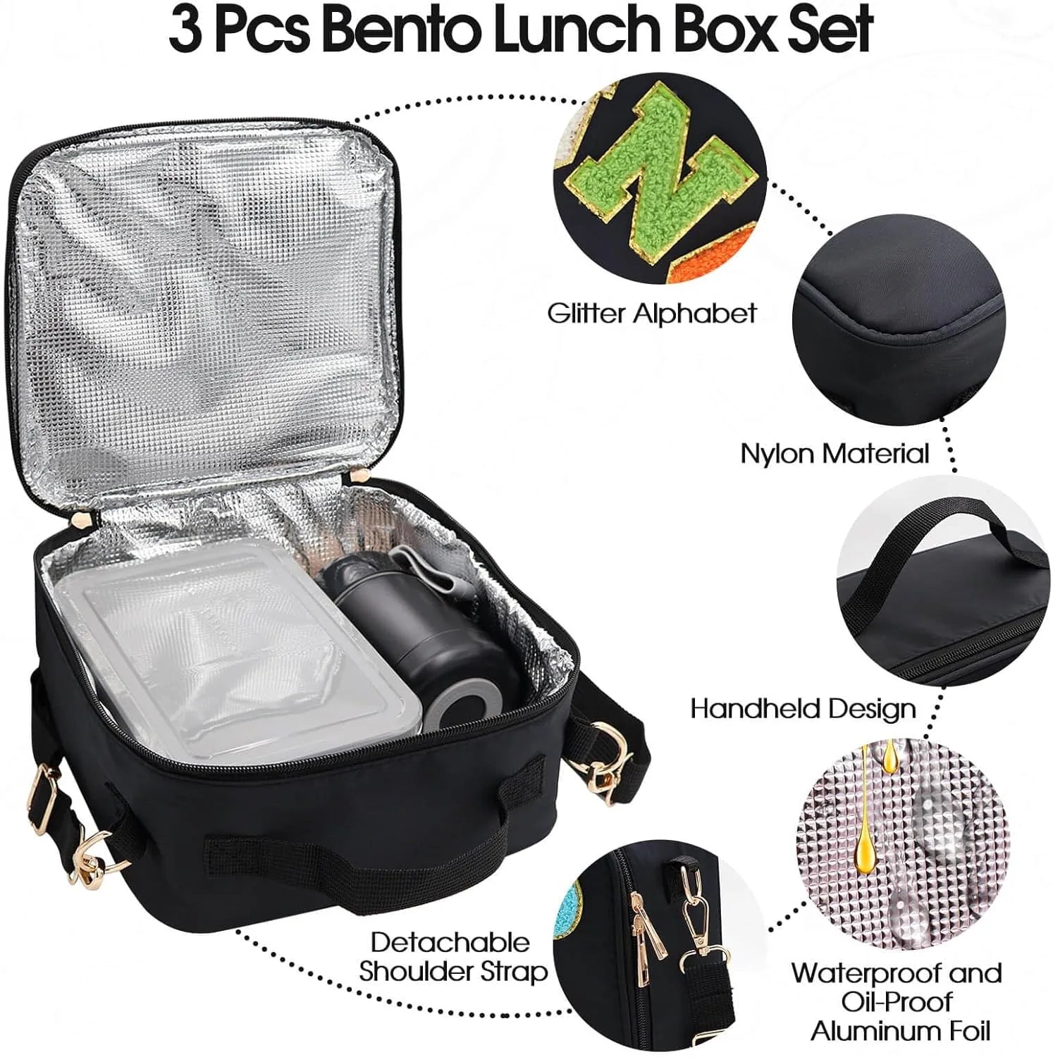 Black nylon bento box lunch container for boys and girls