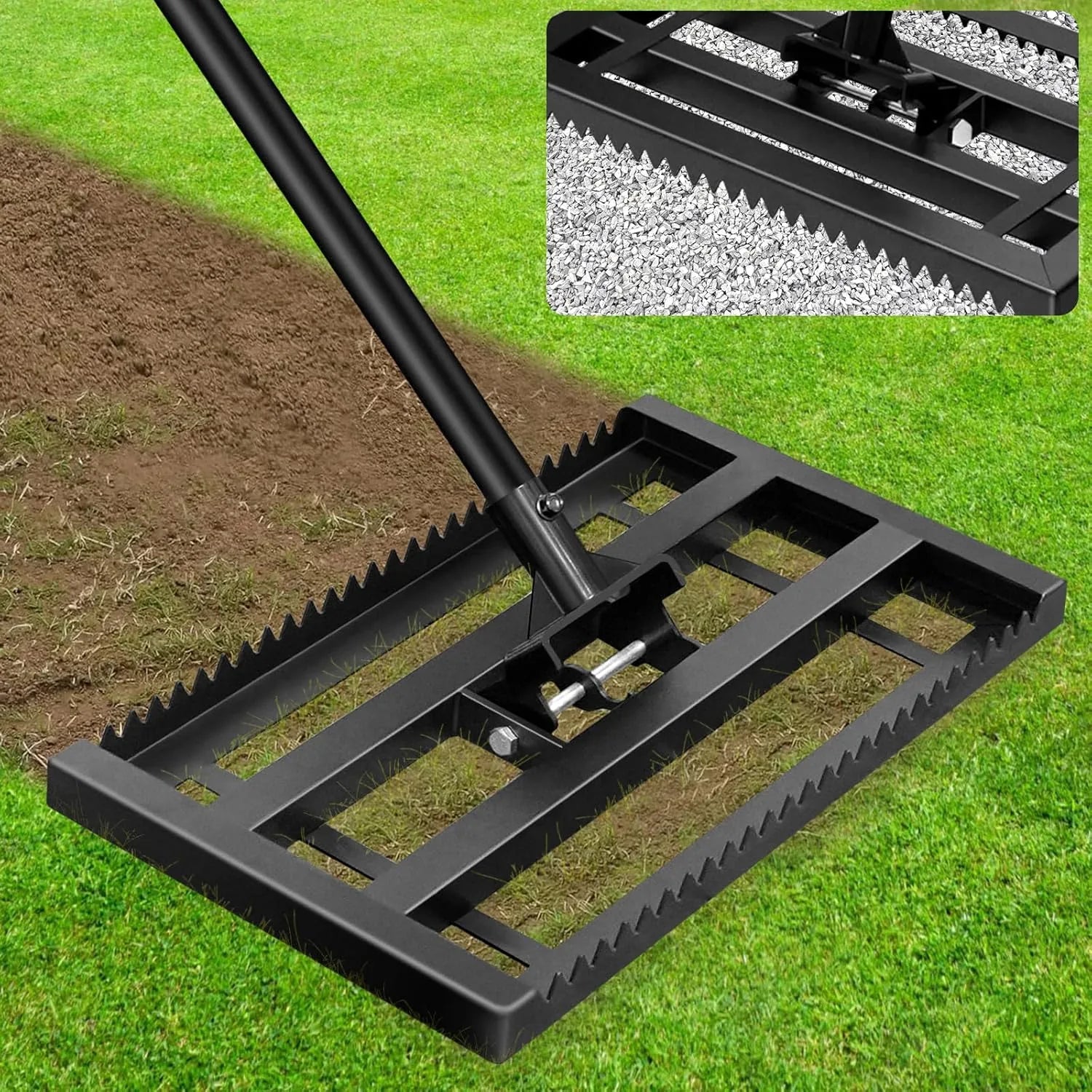 Heavy duty lawn leveling rake with serrated edge and adjustable handle for soil
