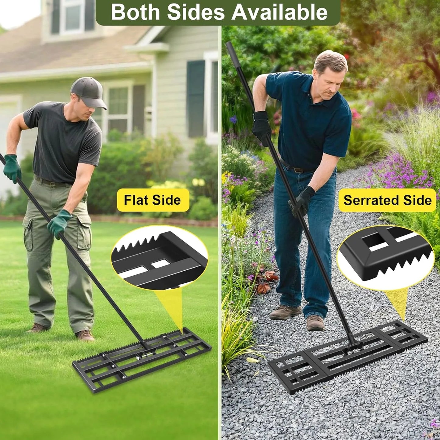 Professional grade lawn leveler rake with serrated edge for soil and dirt