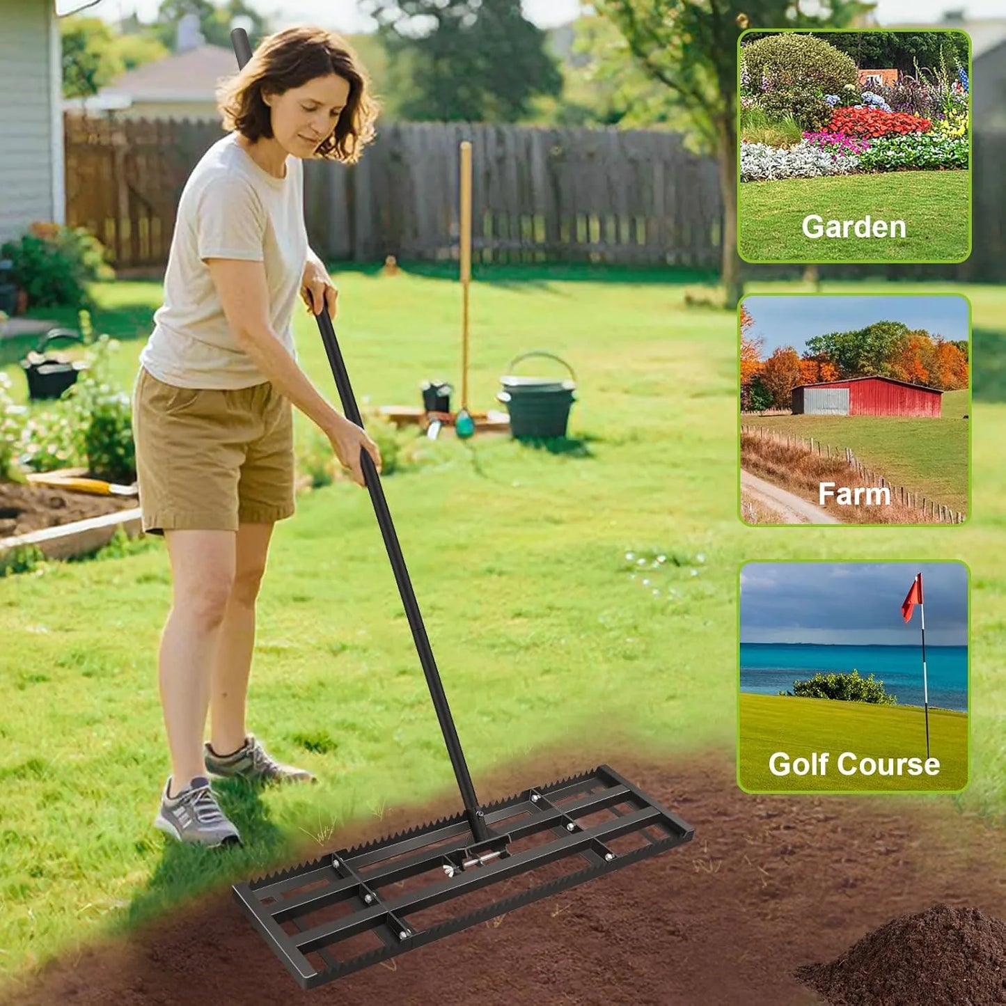 Steel yard rake leveler with adjustable handle ideal for garden landscaping projects