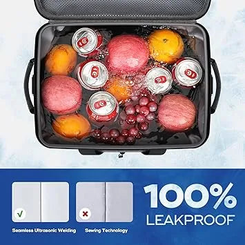 Leakproof interior lining and reinforced seams of portable cooling storage bag up close