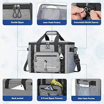 Large insulated cooler bag positioned next to water bottle for size reference