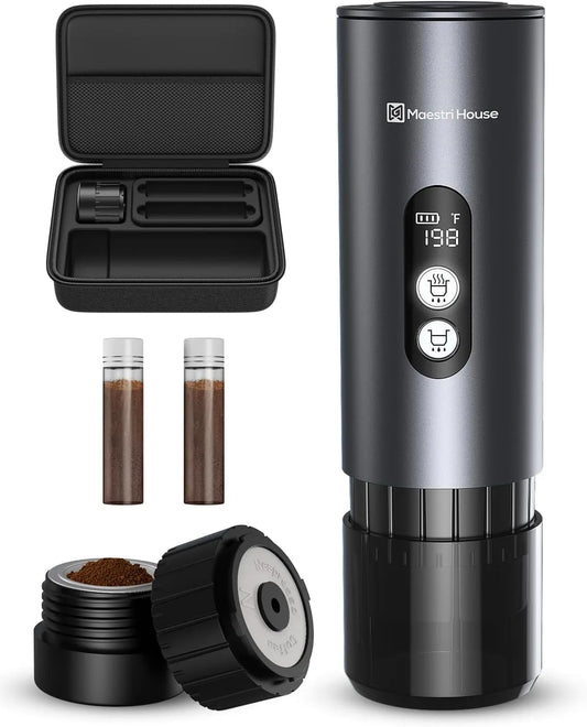 Maestri House 150W portable espresso maker with self-heating technology and travel bag
