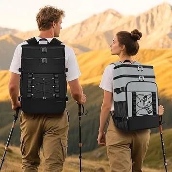 Close-up of insulated backpack cooler material and waterproof construction