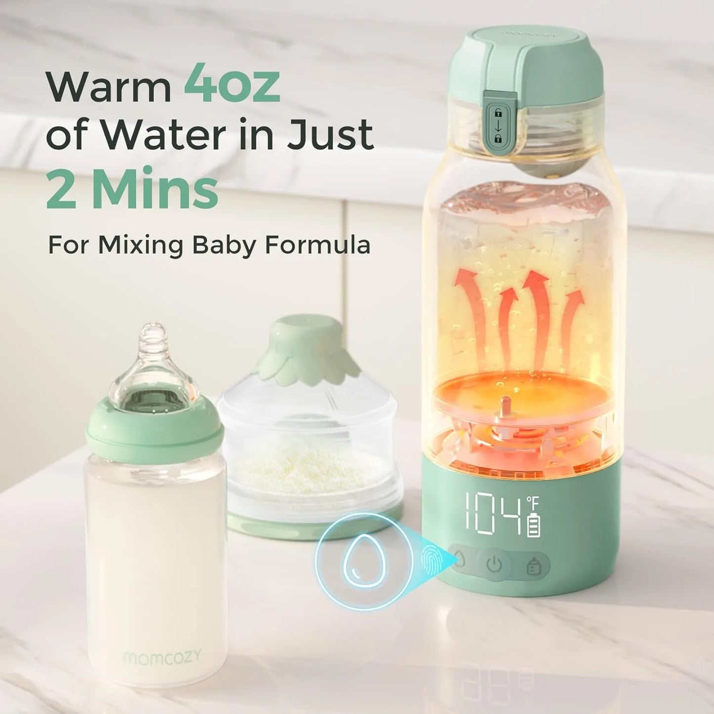 Compact bottle warmer showing fast heating technology and long battery life