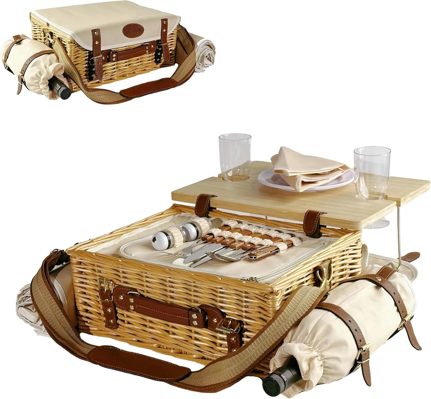 Wicker picnic basket set for two adults with blankets and tablewares