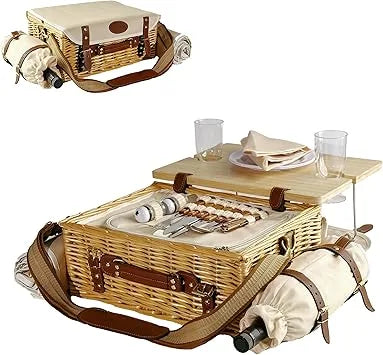 Natural wicker picnic basket detail showing insulated compartment and wine pouch design