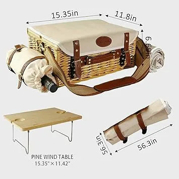 Couple enjoying outdoor picnic with large insulated basket set on beach