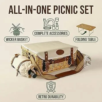 Wicker picnic basket for two displayed next to full included tableware set
