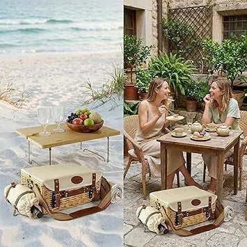 Picnic table accessory and wine pouch details included with complete basket set