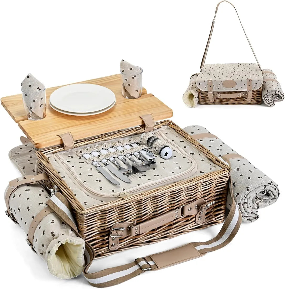 Cherry wicker picnic basket set for two displayed against white background
