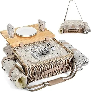 Wicker picnic basket showing hinged lid and insulated compartment side detail