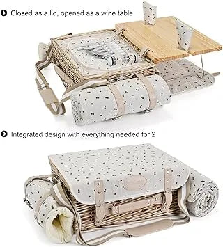 Couple enjoying outdoor picnic with cherry picnic basket set and blanket