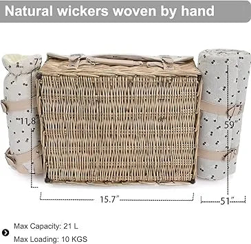 Close-up of woven wicker material and metal hardware on picnic basket