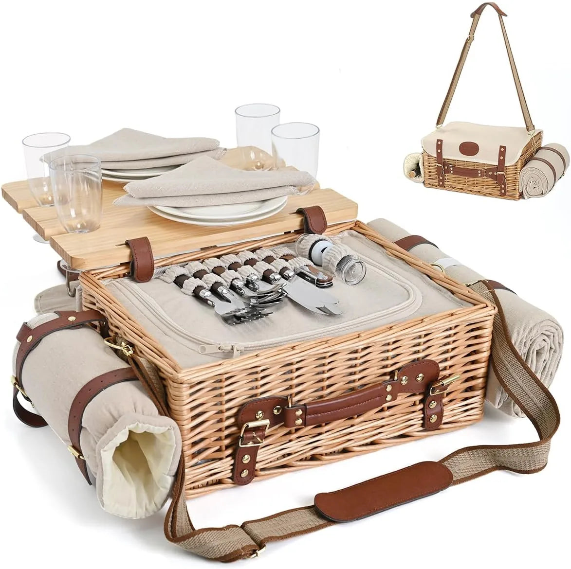 Wicker picnic basket set for 4 with blanket and tableware displayed