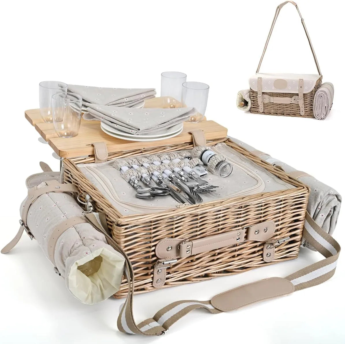 Multifunctional wicker picnic basket set for four with blanket displayed