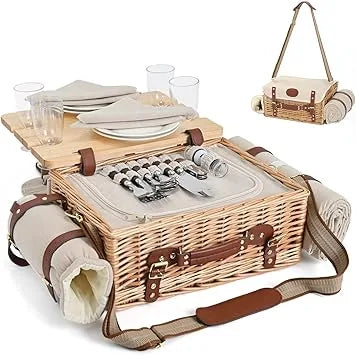 Natural wicker picnic basket showing side angle and handle detail
