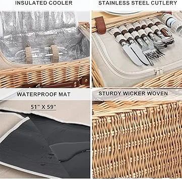 Full picnic basket set with blanket laid out showing dimensions