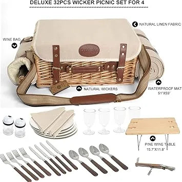 Stainless steel tableware and dishes included in camping picnic set