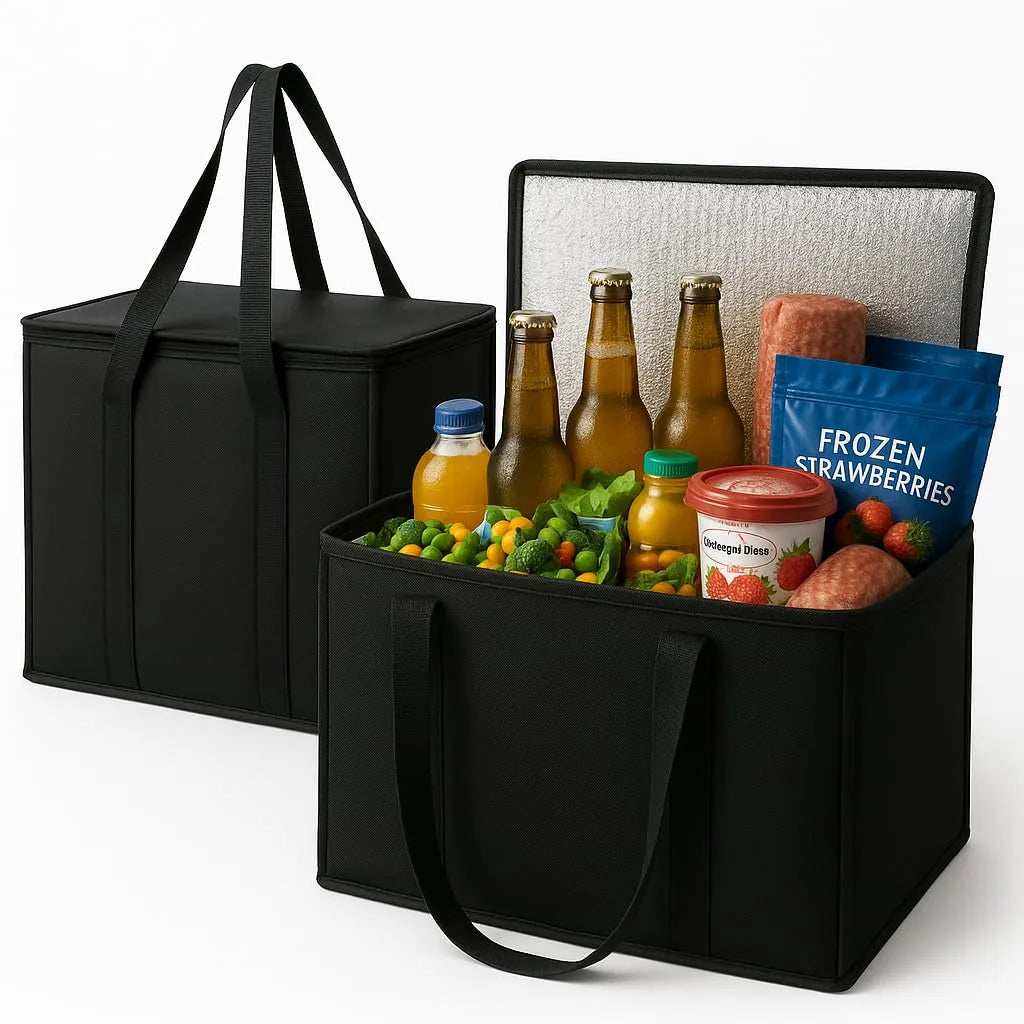 Black XL-large insulated reusable grocery shopping bags with thermal zipper closure