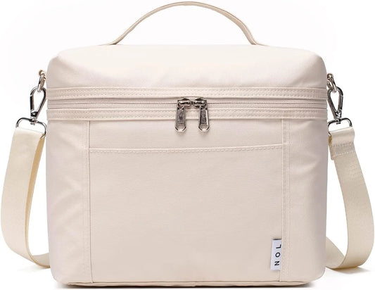 Cream insulated lunch bag for women cooler displayed against white background