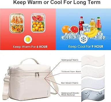 Medium cream colored insulated lunch box sized next to everyday items