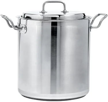 Norpro KRONA stainless steel stock pot side angle showing depth and handle design