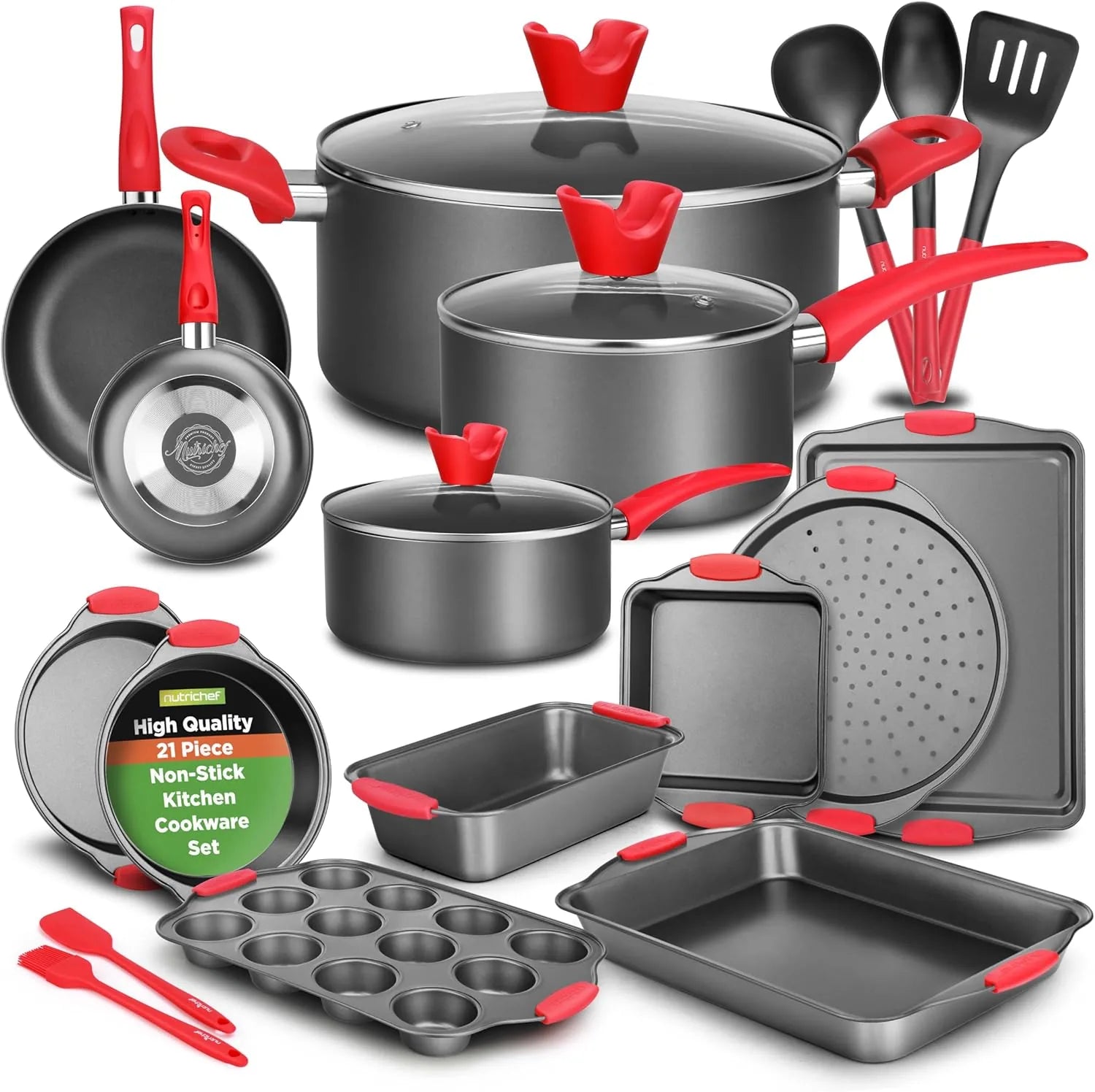 NutriChef 21-piece nonstick cookware set with cool-touch handles and lids