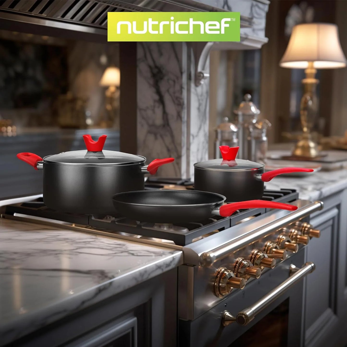 NutriChef safe nonstick cookware set featuring heat-resistant lacquer coating