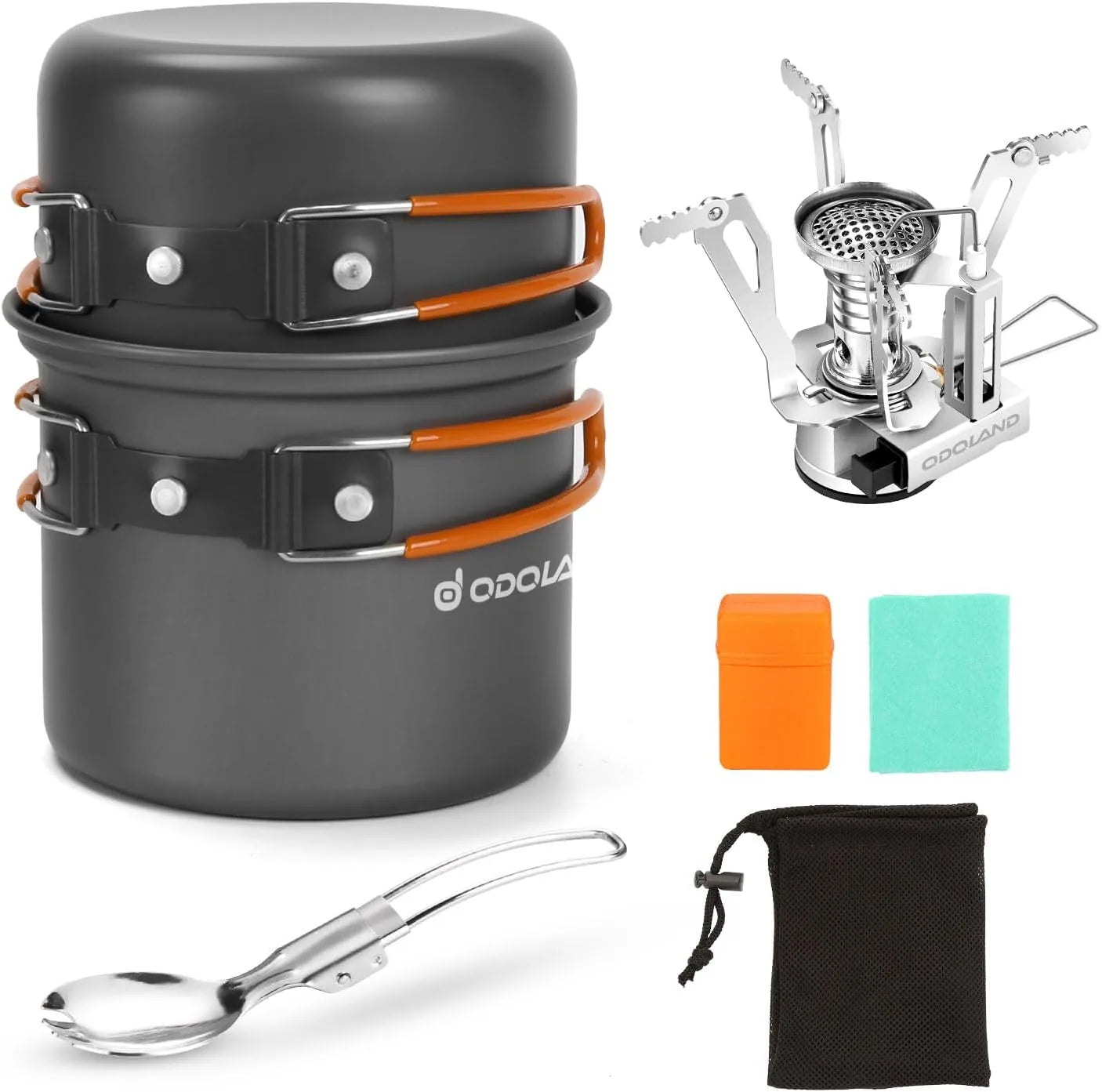 Odoland 6-piece camping cookware mess kit with pot and stove for backpacking
