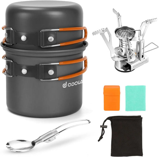 Odoland 6-piece camping cookware mess kit with pot and stove for backpacking