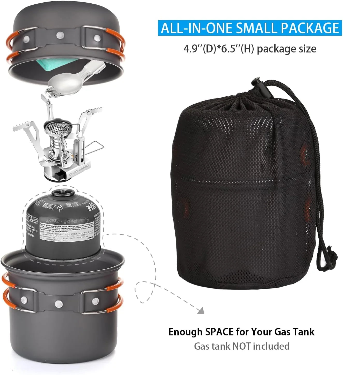 Lightweight camping cookware set including spork and mesh carry bag for hiking