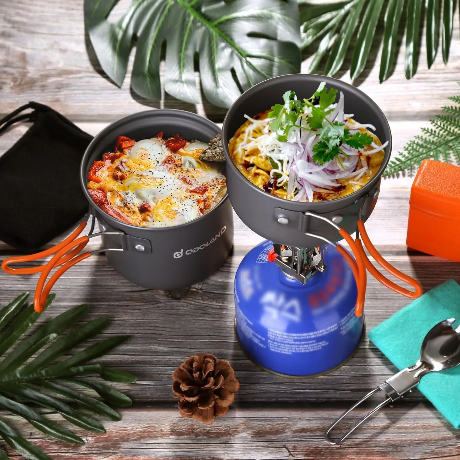 Durable outdoor camping cookware kit with spork stove and compact mesh bag
