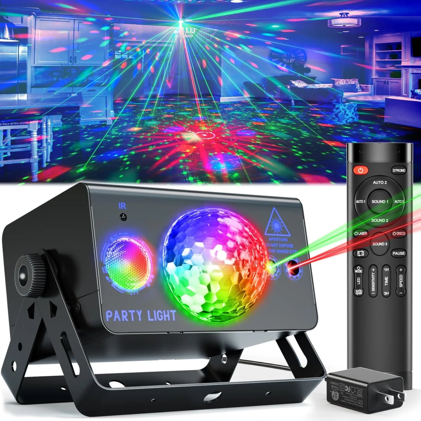 LED disco ball party lights with sound activation and remote control