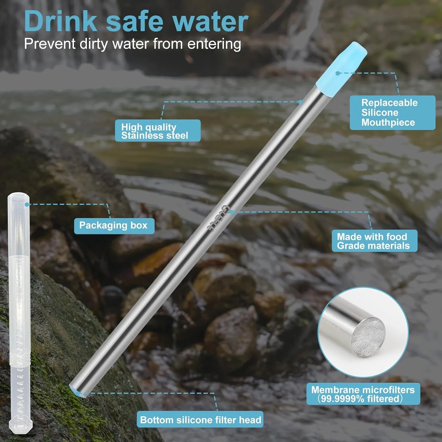 Stainless steel reusable water filter straw emergency survival gear hiking camping