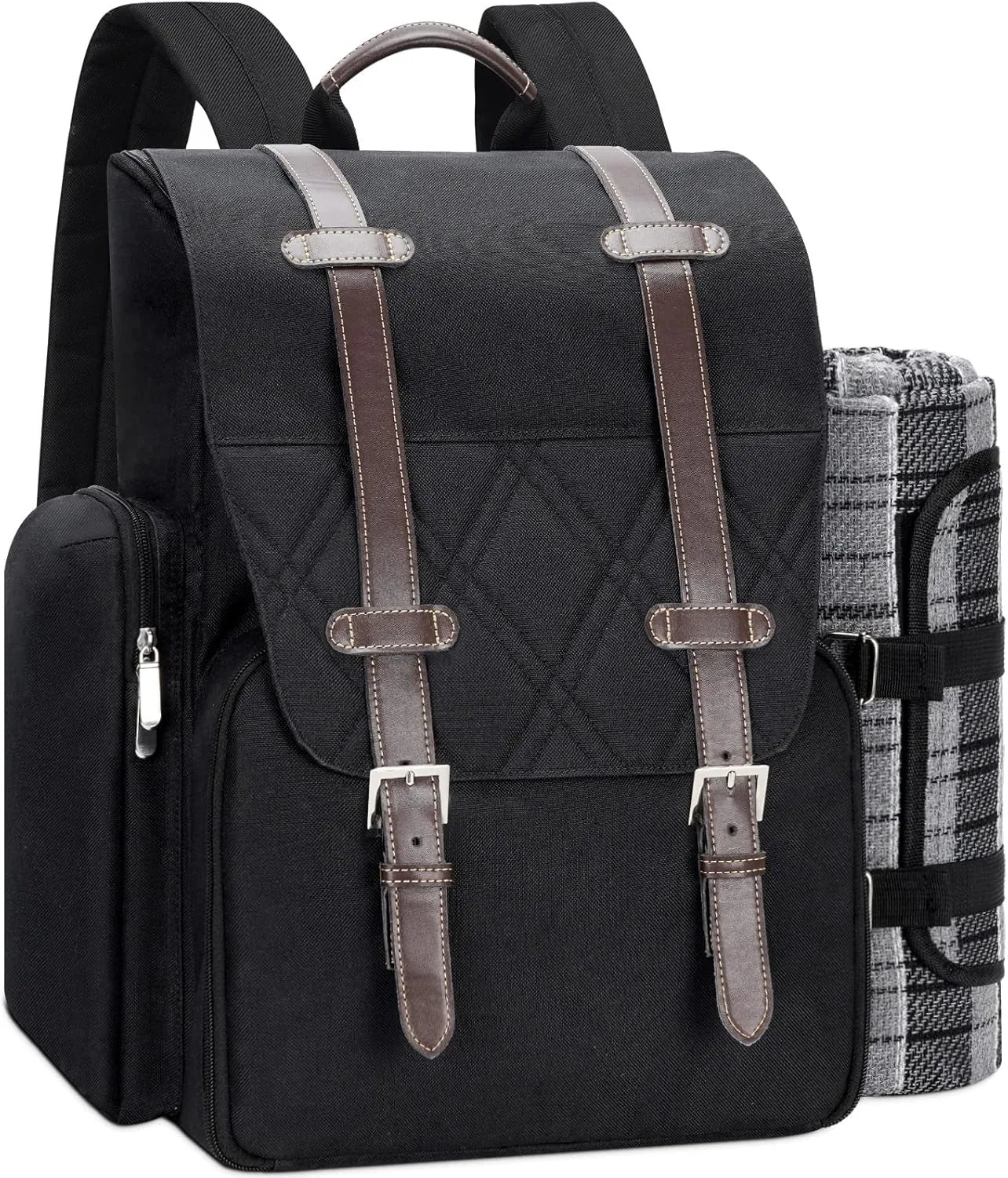 Picnic backpack for 4 person with large insulated cooler bag displayed