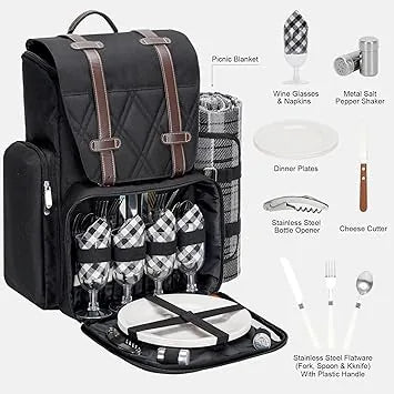 Family enjoying beach picnic using insulated cooler backpack and blanket