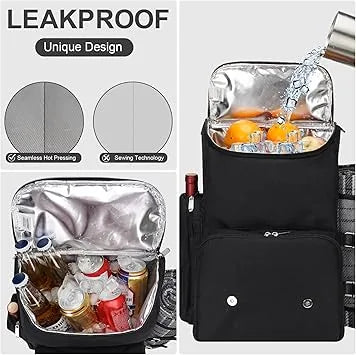 Picnic backpack dimensions shown with wine pouch and accessories