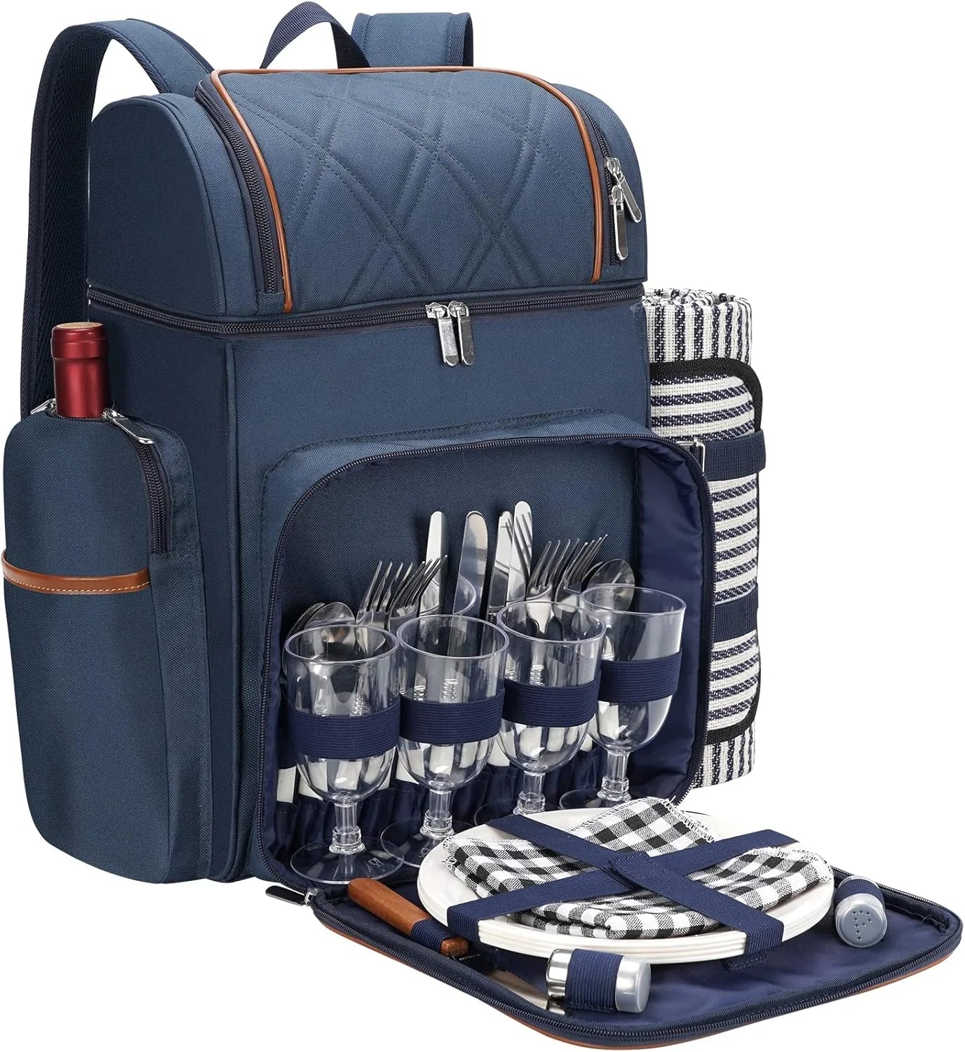 Navy blue picnic backpack for 4 with cooler compartment front view