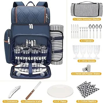 Picnic backpack for 4 displayed with included blanket showing full capacity