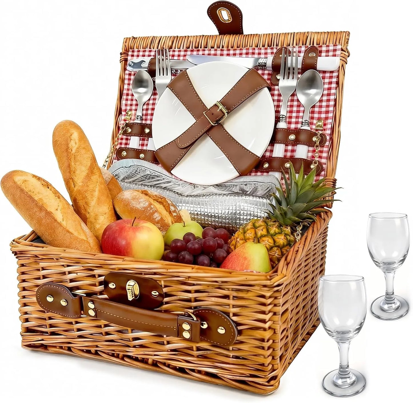 Picnic basket for 2 with wicker design and insulated waterproof liner displayed