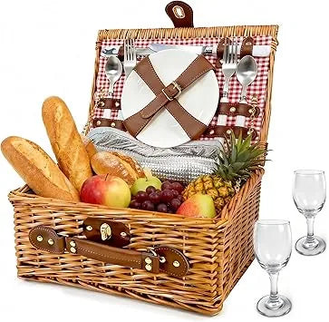 Wicker picnic basket side view showing lid handle and cutlery kit details