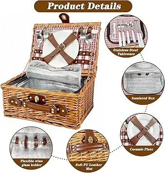Portable picnic basket for 2 positioned next to camping gear for scale