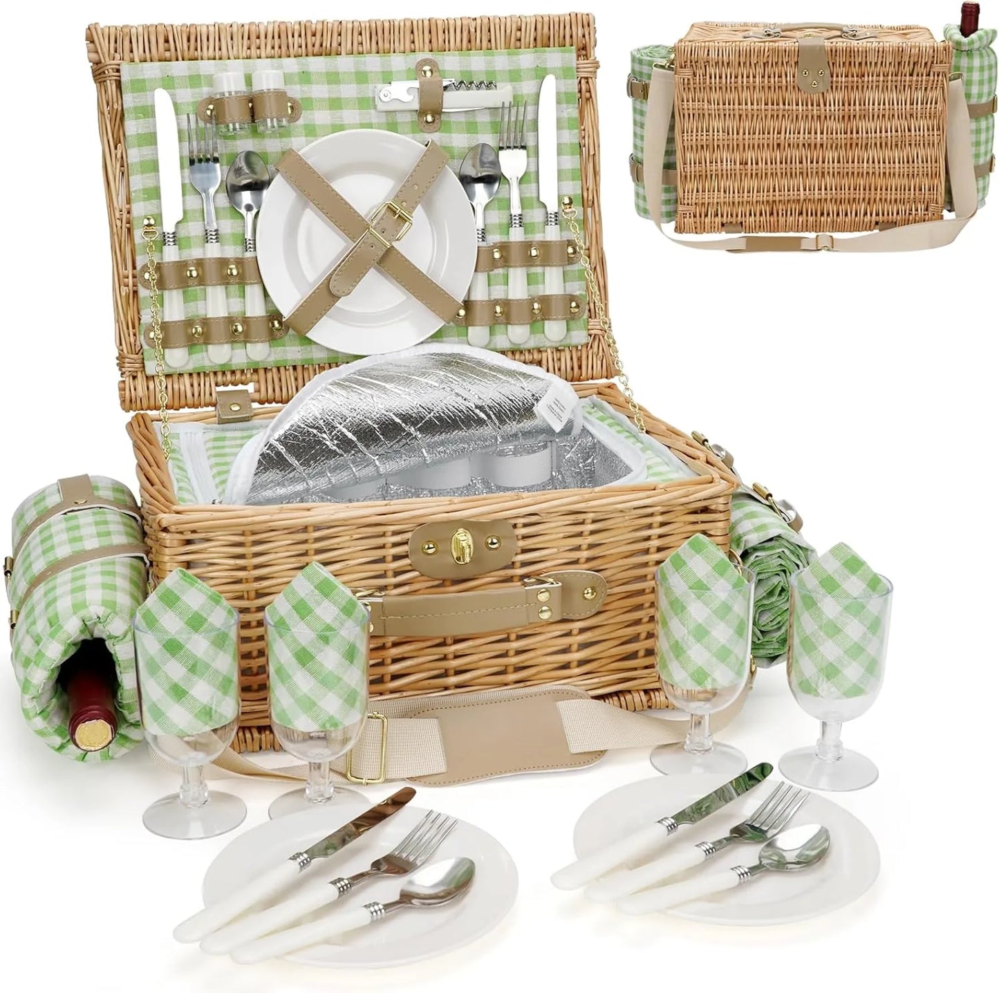 Green insulated willow picnic basket for 4 with shoulder strap