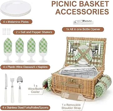 Family enjoying outdoor camping with open insulated picnic basket and blanket