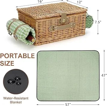 Close-up of waterproof picnic blanket and willow basket materials texture