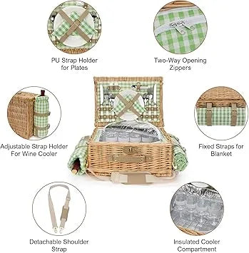 Picnic hamper with shoulder strap displayed next to included blanket
